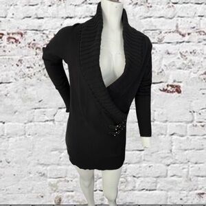 Cache Black Faux Wrap Sweater Tunic w/ Gold Buckles Size Medium